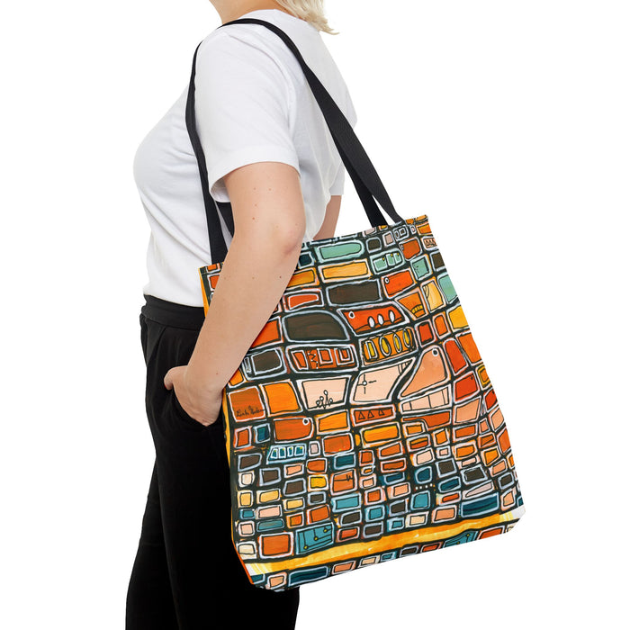 The Mid Century Mosaic Tote- Abstract Mosaic Tote Bag – Orange Geometric Art Pattern