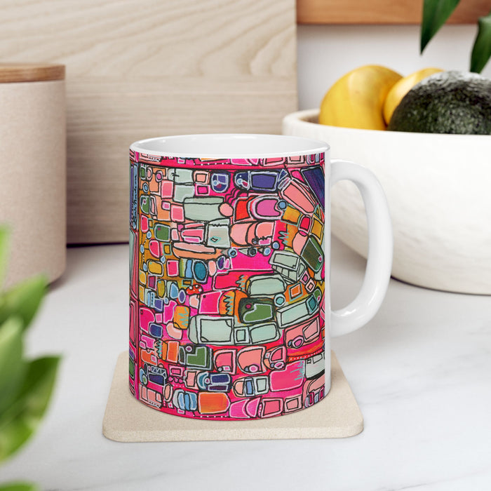 Abstract Pink Geometric Ceramic Mug — Colorful Modern Art Coffee Cup (11oz)