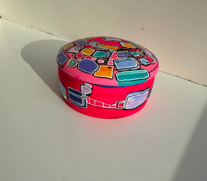 Neon Pink and Blue Hand-Painted Round Ceramic Box