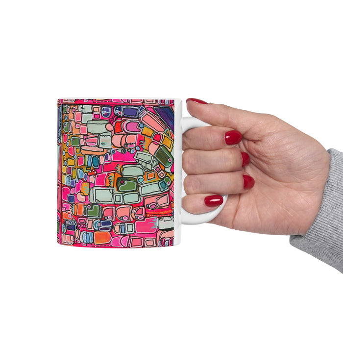 Abstract Pink Geometric Ceramic Mug — Colorful Modern Art Coffee Cup (11oz)