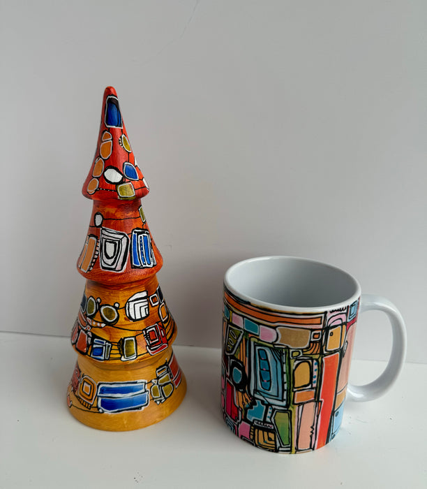 Orange, Goldenrod and Blue Hand-Painted Ceramic Tree