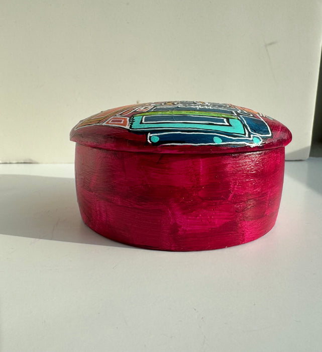 Magenta and Teal Hand-Painted Round Ceramic Box