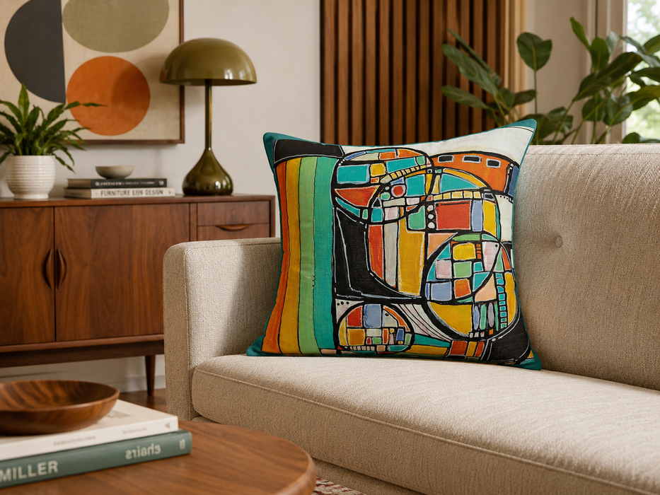 Abstract Retro Geometric Pillow — Colorful Mid-Century Accent Cushion