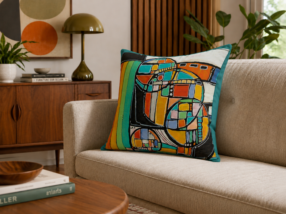 Abstract Retro Geometric Pillow — Colorful Mid-Century Accent Cushion