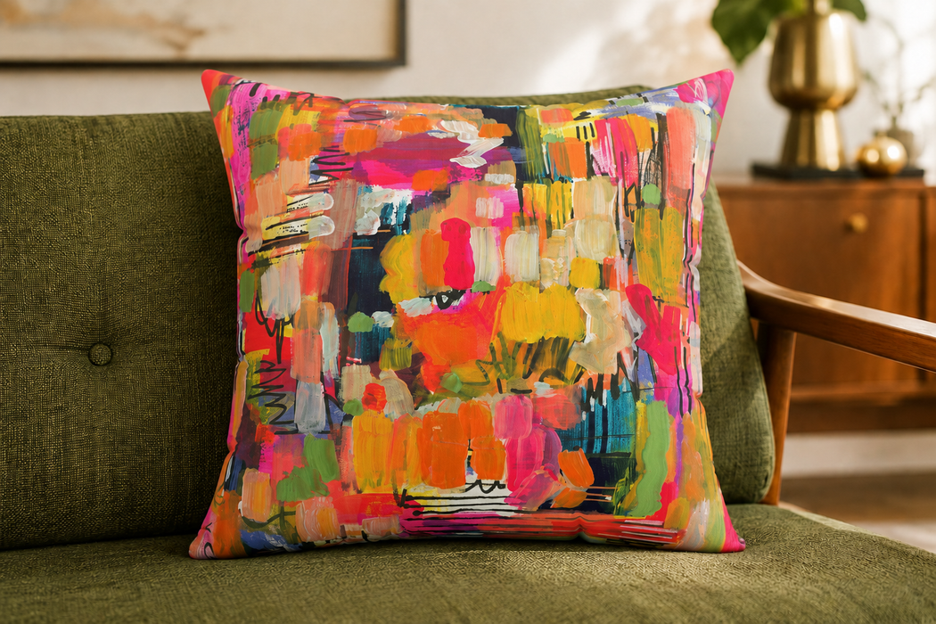 Color Burst Abstract Throw Pillow — Bright Modern Art Decorative Cushion