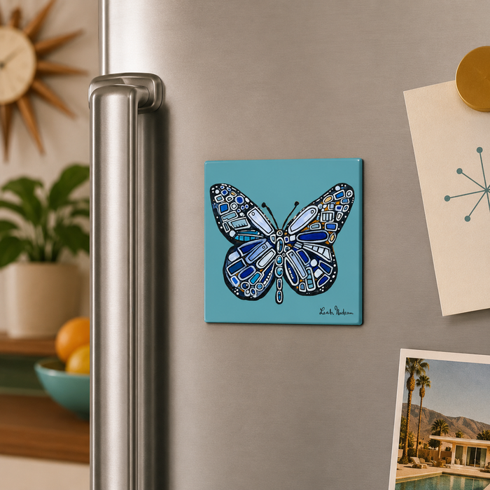 Blue Mosaic Butterfly Magnet — Decorative Refrigerator Art for Nature Lovers