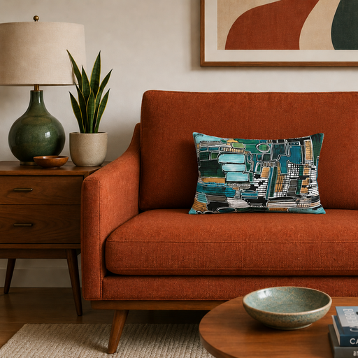 Orange sofa with a decorative pillow in a living room setting.