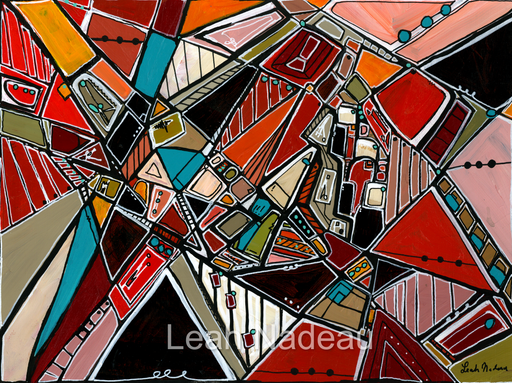 Abstract artwork with geometric shapes and bold colors, signed 'Leah Nadeau'