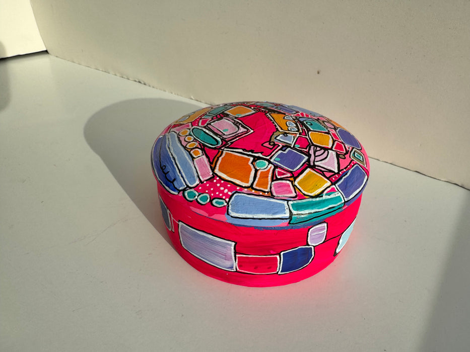 Neon Pink and Blue Hand-Painted Round Ceramic Box