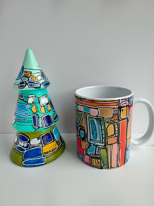 Aqua, Yellow and Blue Hand-Painted Ceramic Tree