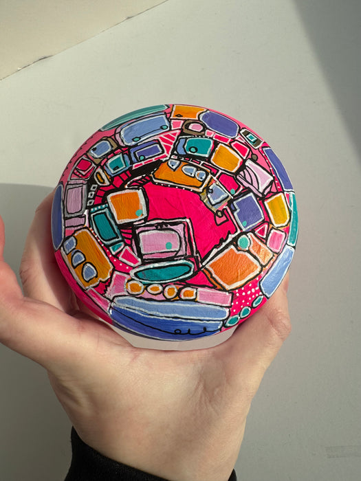 Neon Pink and Blue Hand-Painted Round Ceramic Box