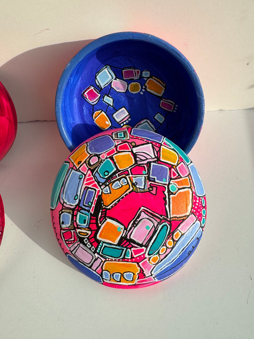 Neon Pink and Blue Hand-Painted Round Ceramic Box