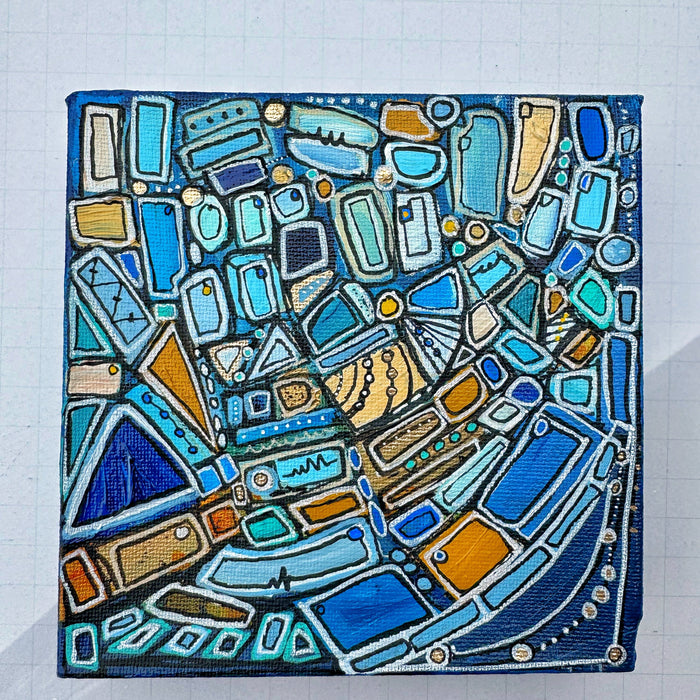 Abstract art piece with geometric shapes in blue, green, and orange on a white background.