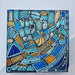 Abstract art piece with geometric shapes in blue, green, and orange on a white background.