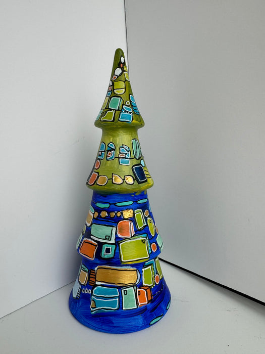 Ultramarine and Lime Green Hand-Painted Ceramic Tree