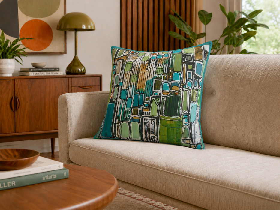 Abstract Geometric Green Blue Square Pillow — Modern Decorative Throw Cushion