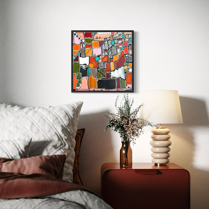 Bedroom with abstract art on the wall, nightstand with lamp and vase