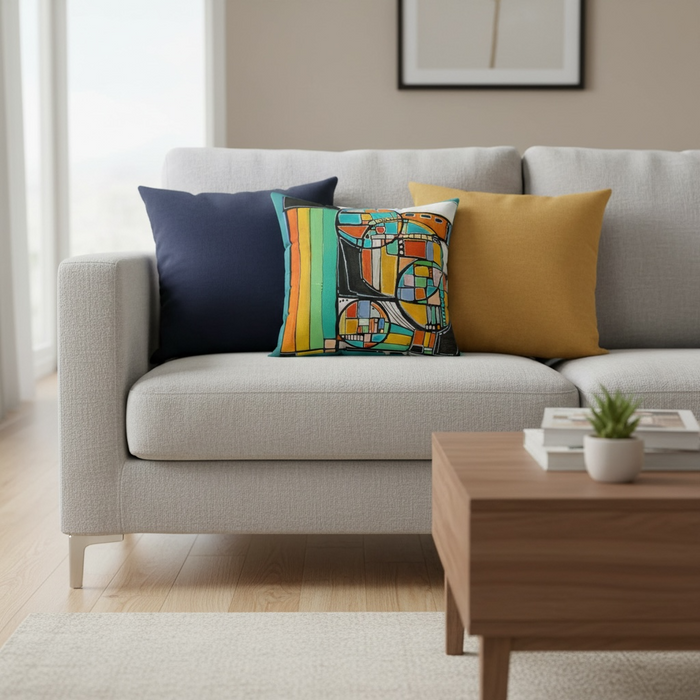 Abstract Retro Geometric Pillow — Colorful Mid-Century Accent Cushion