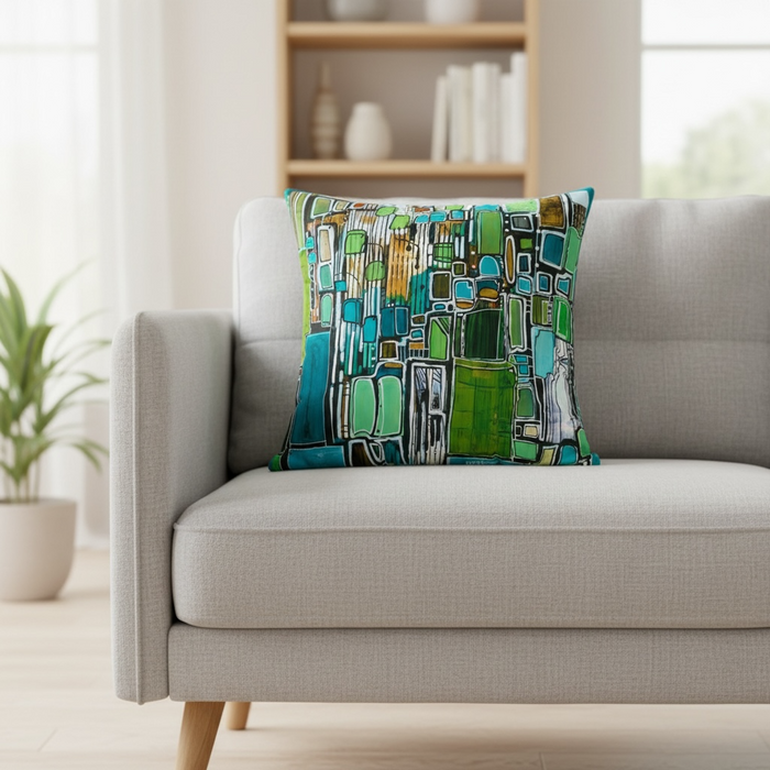 Abstract Geometric Green Blue Square Pillow — Modern Decorative Throw Cushion