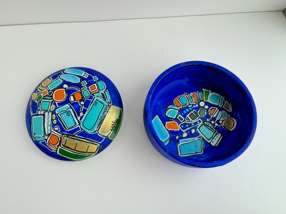 Blue, Teal and Gold Hand-Painted Round Ceramic Box