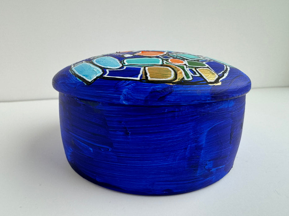 Blue, Teal and Gold Hand-Painted Round Ceramic Box