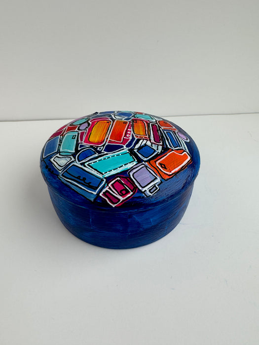 Blue, Orange and Teal Hand-Painted Round Ceramic Box