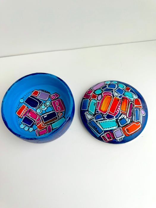 Blue, Orange and Teal Hand-Painted Round Ceramic Box