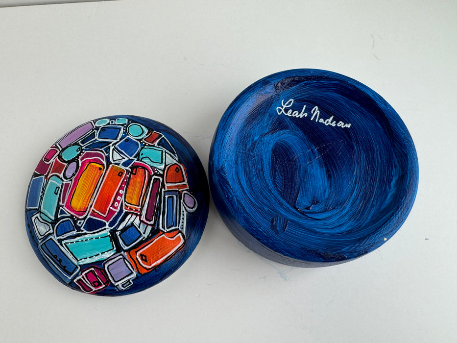 Blue, Orange and Teal Hand-Painted Round Ceramic Box