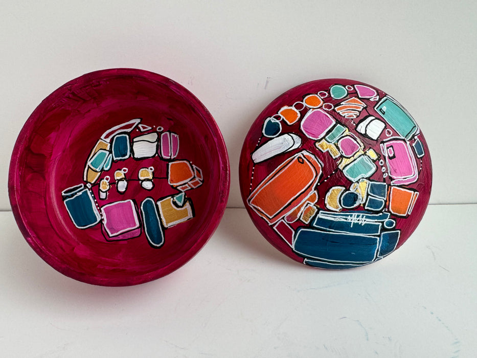 Magenta and Teal Hand-Painted Round Ceramic Box