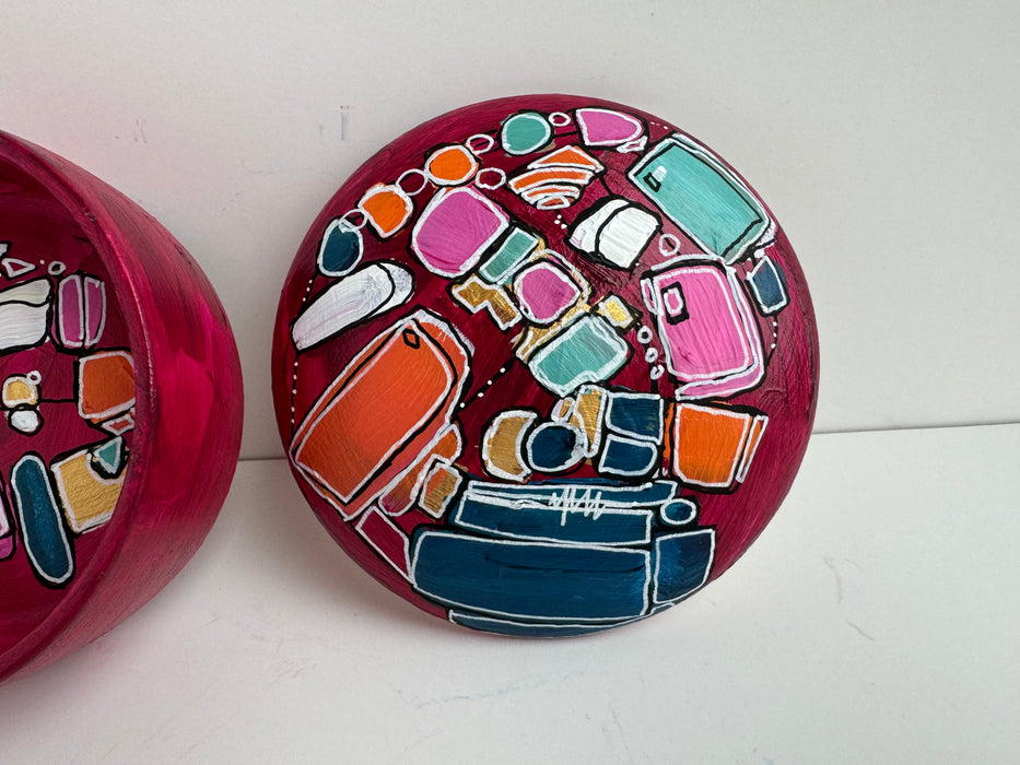 Magenta and Teal Hand-Painted Round Ceramic Box