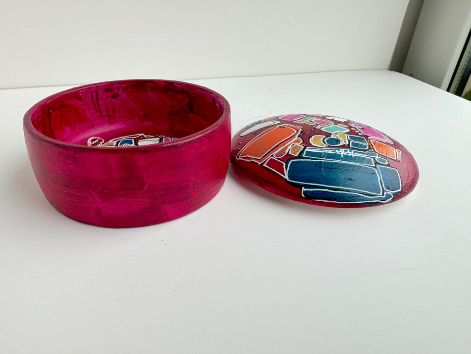 Magenta and Teal Hand-Painted Round Ceramic Box