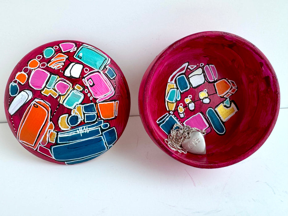 Magenta and Teal Hand-Painted Round Ceramic Box