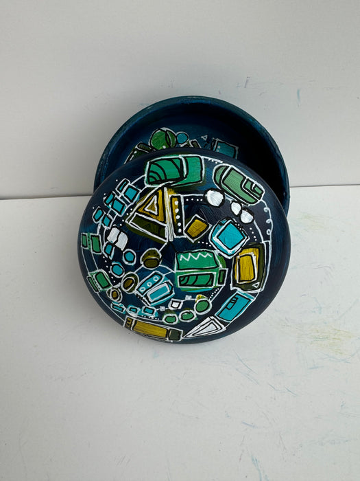 Turquoise and Green Hand-painted Round Ceramic Box