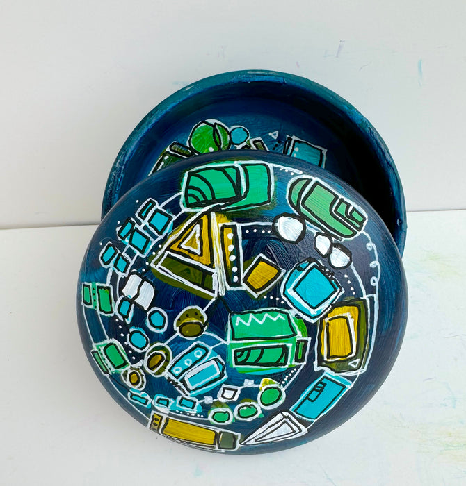 Turquoise and Green Hand-painted Round Ceramic Box