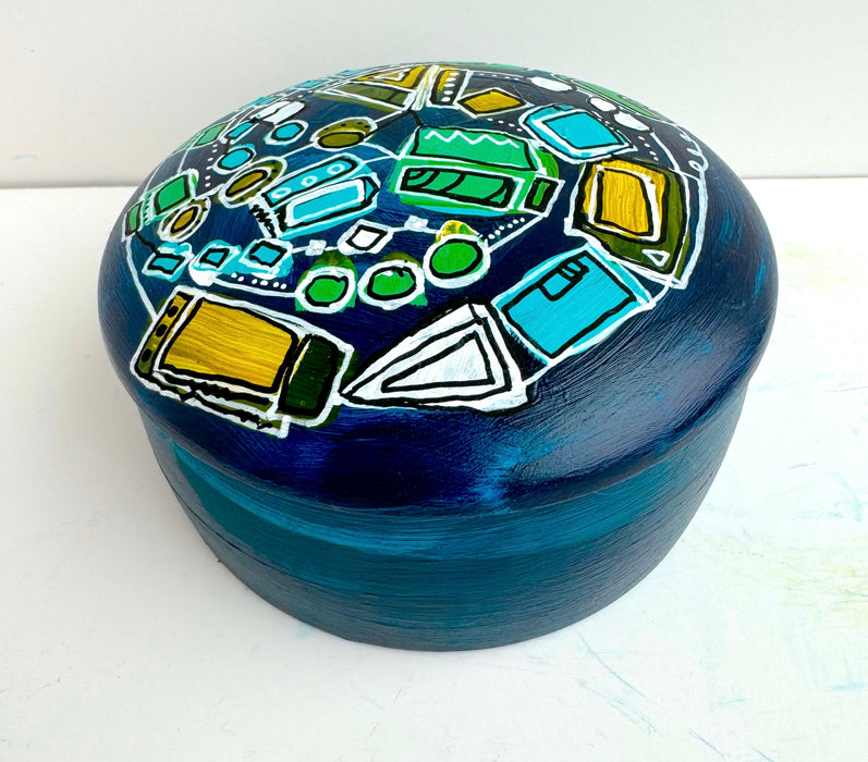 Turquoise and Green Hand-painted Round Ceramic Box