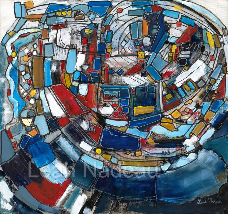 Abstract artwork with geometric shapes and vibrant colors