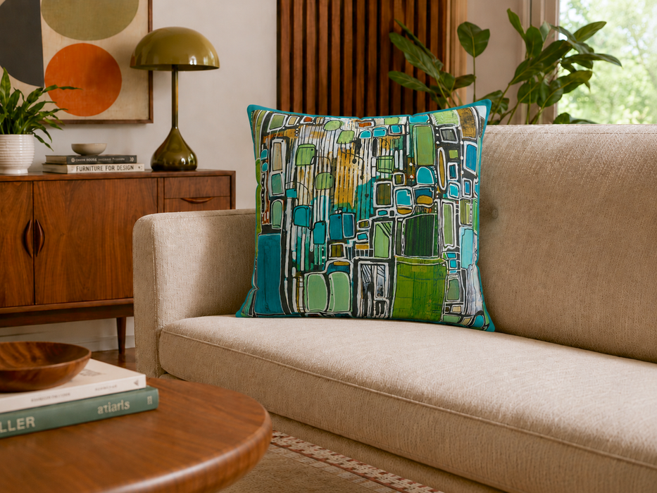 Abstract Geometric Green Blue Square Pillow — Modern Decorative Throw Cushion