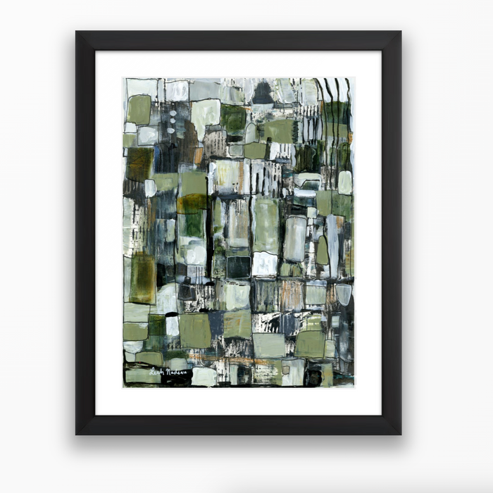 Framed abstract art print with geometric pattern on a white background