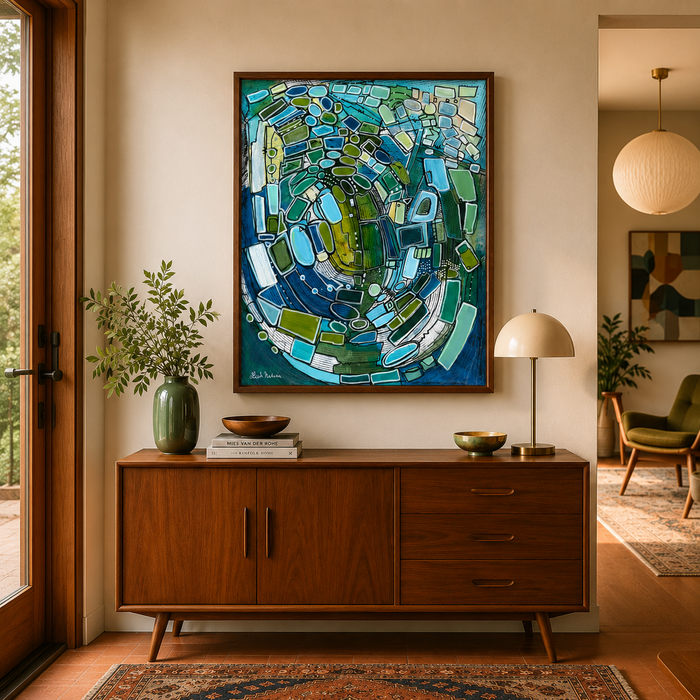 True Blue | Mid Century Modern Abstract Canvas Wall Art | Blue & Green Framed Canvas Print