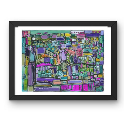 Framed abstract artwork with colorful geometric shapes on a white background