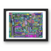 Framed abstract artwork with colorful geometric shapes on a white background