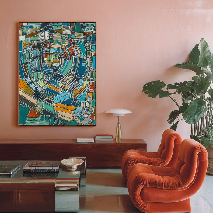 A modern living room scene featuring a large, colorful abstract geometric painting on a dusty pink wall. Below the painting is a dark wood console table with a white table lamp, and in the foreground is a low glass coffee table.
