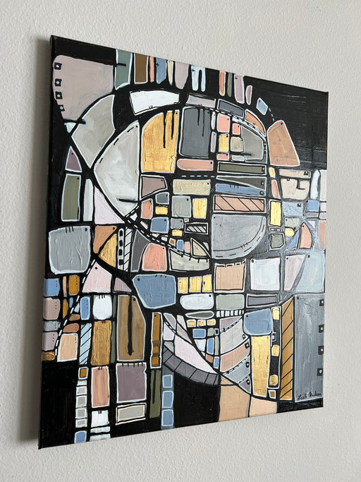The Weight of Dreams" by leahnadeau is a rectangular abstract painting that prominently features an oval shape in the center. Crafted with acrylic paint, this artwork incorporates a variety of geometric shapes such as rectangles and squares, all rendered in a subdued color palette including white, black, gray, peach, and gold. The resulting mosaic-like pattern is displayed on gallery-wrapped canvas.