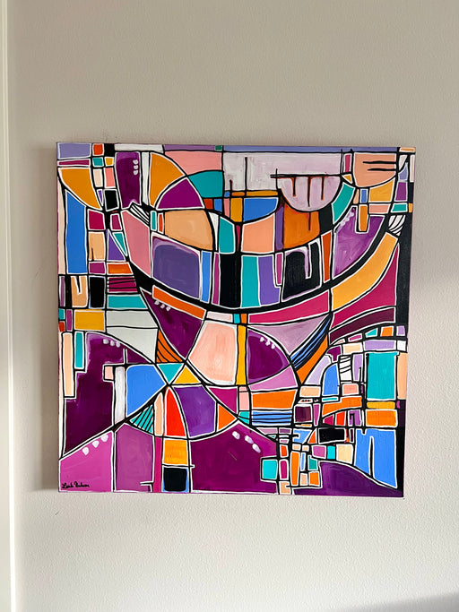 Introducing "A Friend of Dorothy" from leahnadeau, a vibrant abstract painting that showcases geometric shapes in shades of purple, orange, blue, and white. This intricate composition features intersecting lines and curved forms, creating a dynamic and captivating pattern. Displayed on a light-colored wall, it is part of an exquisite painting series.